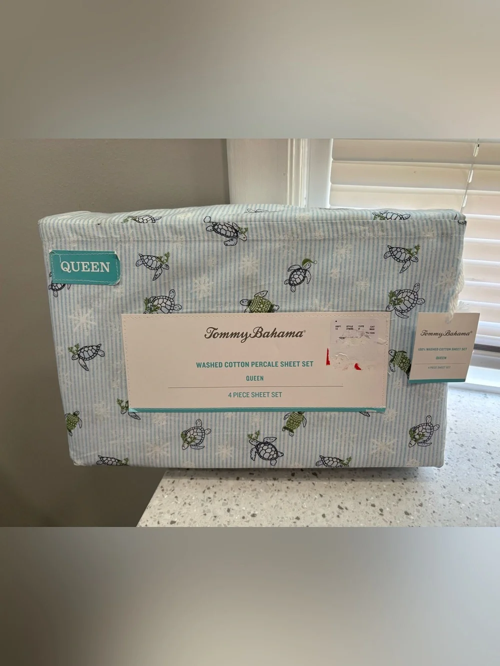 NEW Tommy Bahama Queen Sheet Set - Light Blue with “Turtle Frolic” Print